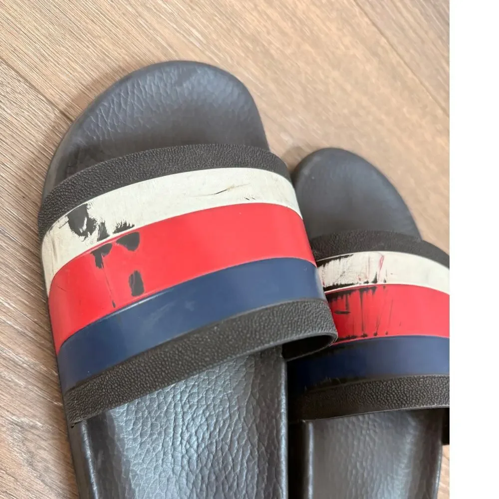 GUCCI 308234 Benassi Tricolor Color Shoes US 10 Shower Sandals Pool Rubber White